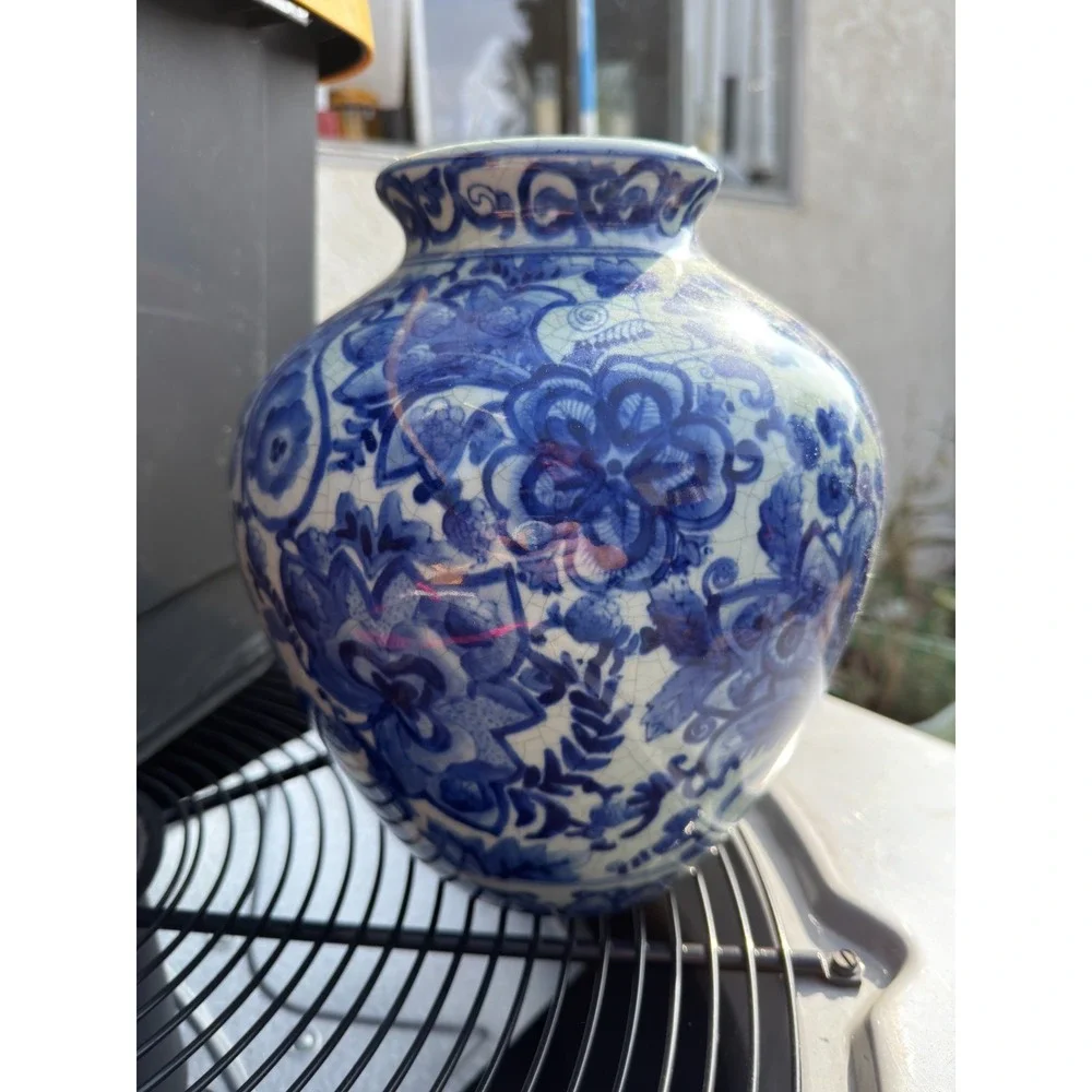 Large VTG Export Blue White Glaze Asian Ginger Jar Flower Vase Floral Peony Vase